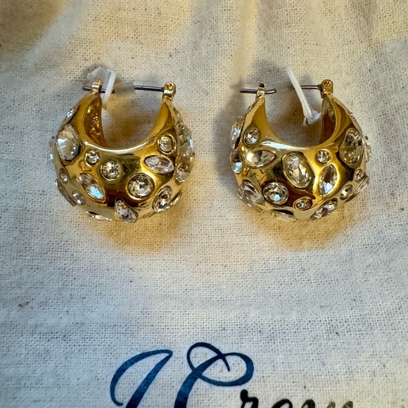 NEW J.Crew Crystal Chunky Goldtone Hoop Earrings - Picture 2 of 2